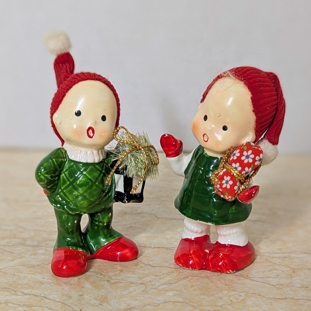 Vintage Napcoware Pair Christmas Elf Carolers 50's Ceramic Figurines Japan